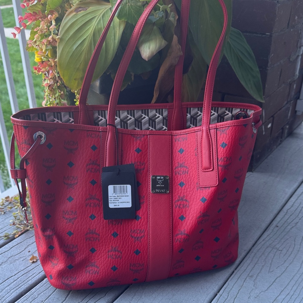 MCM Scarlet Red Tote with Monogram Design